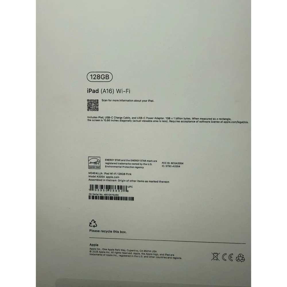 Apple iPad (A16) WiFi 128GB Pink A3354 Empty Box‎ Only No Charger